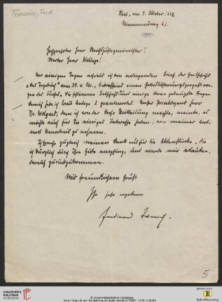 Brief von Ferdinand Tönnies an Gustav Radbruch