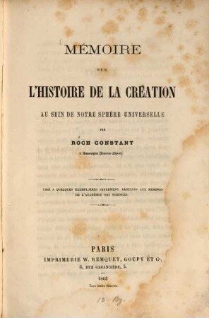 Mémoire sur l'histoire de la création au sein de notre sphère universelle