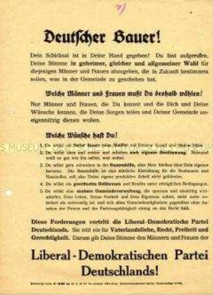 Wahlaufruf der LDPD zu den Gemeindewahlen 1946 mit Ausrichtung auf die Landbevölkerung
