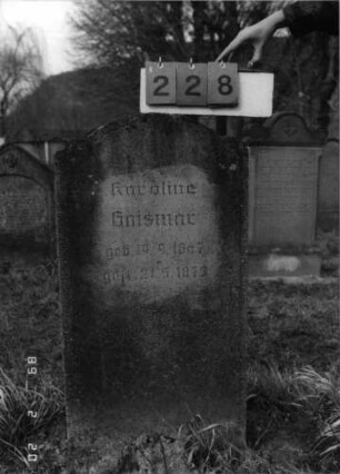 Grabstein 228 (Index: 99798731) Material: Kunststein Zustand: leicht verwittert Maße HxBxT: 92x50x15 cm Beschreibung: Stele mit doppelt eingezogenem Bogenabschluß: Grabstein 228