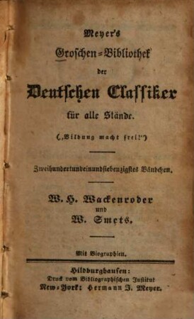 W. H. Wackenroder und W. Smets : mit Biographien