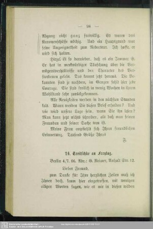 24. Treitschke an Freytag. Berlin, 4.7.66