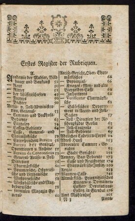 Erstes Register der Rubriquen