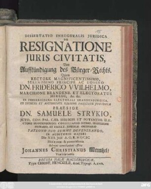 Dissertatio Inauguralis Juridica De Resignatione Juris Civitatis
