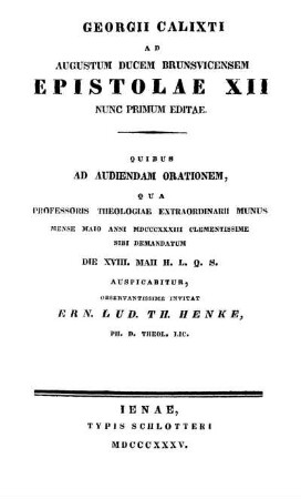 Georgii Calixti Ad Augustum Ducem Brunsvicensem Epistolae XII