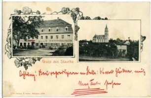 Staucha. Geschäftshaus und Kirche