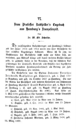 Frau Professor Radspiller's Tagebuch aus Hamburg's Franzosenzeit.