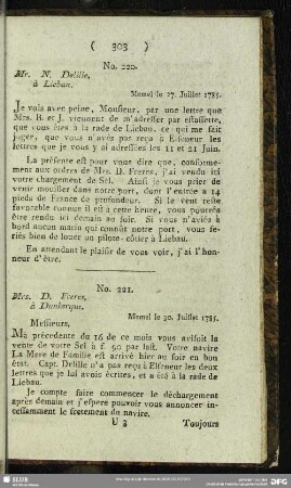 No. 221. Mrs. D. Freres, à Dunkerque. Memel le 30. Juillet 1785