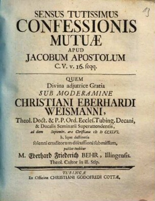 Sensus Tutissimus Confessionis Mutuae Apud Jacobum Apostolum C.V.v. 16. seqq.