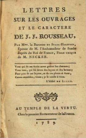 Lettres sur les ouvrages et le caractère de J. J. Rousseau