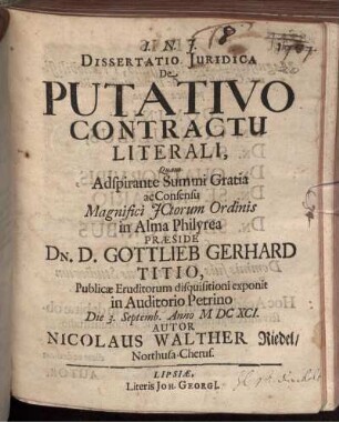 Dissertatio Iuridica De Putativo Contractu Literali