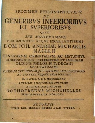 Specimen Philosophicvm De Generibvs Inferioribvs Et Svperioribvs