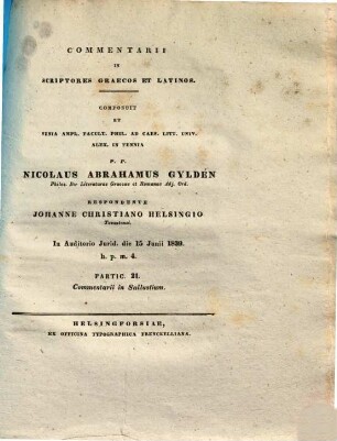 Commentarii in scriptores Graecos et Latinos, Partic. 21.. Commentarii in Sallustium