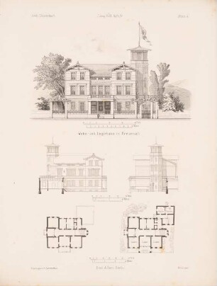 Wohn- und Logierhaus, Kreuznach: Grundrisse, Ansichten (aus: Architektonisches Skizzenbuch, H. 1115/4, 1872)