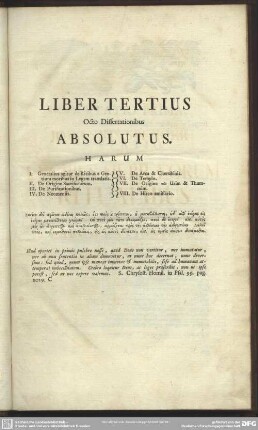Liber Tertius Octo Dissertationibus Absolutus