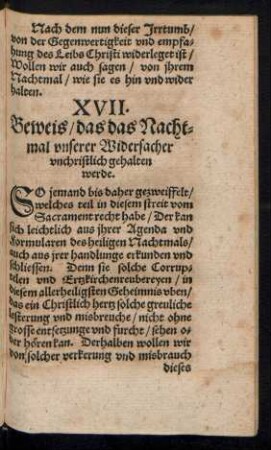 XVII. Beweis/ das das Nachtmal unserer Widersacher unchristlich gehalten werde.