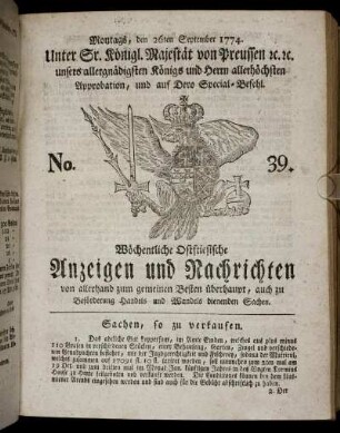 No. 39. Montags, den 26ten September 1774