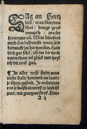 SAg an Hertz || lieb/ was scheyden || thut/ bringt groß || vnmuth/