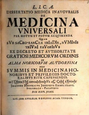 Diss. med. inaug. de medicina universali, per motum et potum acquirenda