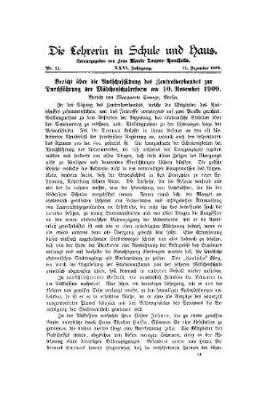 Bericht über die Ausschußsitzung des Zentralverbandes zur Durchführung der Mädchenschulreform am 10. November 1909