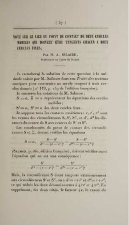Note sur le lieu du point de contact de deux cercles mobiles qui doivent ètre tangents chacun a deux cercles fixes.