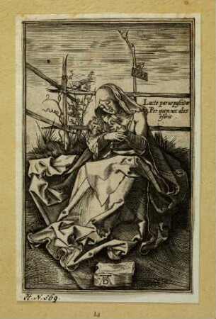 Maria auf der Rasenbank, das Kind stillend