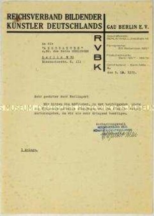 Schreiben des Reichsverbandes Bildender Künstler Deutschlands, Gau Berlin, an die Künstlervereinigung "Die Zeitgemäßen" (Die Abstrakten) zu personellen Angaben - Sachkonvolut