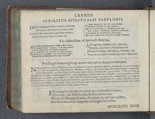 LXXXIII. Interitus spiritualis Babylonis. The destruction of spirituall Babylon. Een Engel verkondight op nieuw den val van de groote Babylon.