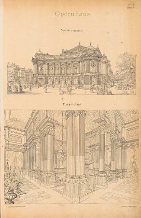 Wettbewerb zum Opernhaus in Budapest: Perspektivische Ansicht, perspektivische Innenansicht Treppenhaus (aus: Entwürfe von Bohnstedt, Heft I-VIII, 1875-1877)
