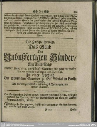 Die Zwölfte Predigt. Das Elend Der Unbußfertigen Sünder, ...