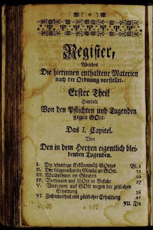 Register, Welches Die hierinnen enthaltene Materien nach der Ordnung vorstellet.