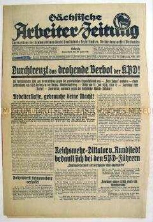 Kommunistische Tageszeitung "Sächsische Arbeiter-Zeitung" zum drohenden Verbot der KPD