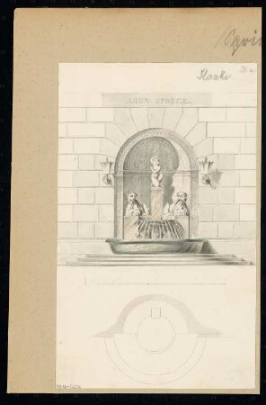 Springbrunnen Monatskonkurrenz Januar 1842: Grundriss, Aufriss Vorderansicht; Maßstabsleiste