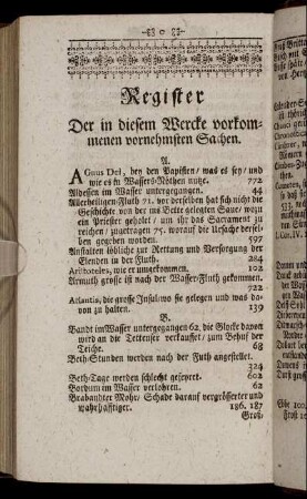 Register Der in diesem Wercke vorkommenen vornehmsten Sachen.