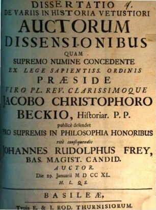 Dissertatio De Variis In Historia Vetustiori Auctorum Dissensionibus