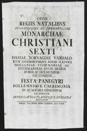 Odae Regiis Natalibus Augustissimi Ac Potentissimi Monarchae Christiani...