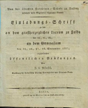 Von der ältesten Gelehrten-Schule zu Fulda, besonders unter Magnentius Rhabanus Maurus