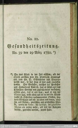 No. 10. Gesundheitszeitung. No. 39 den 29 März 1780