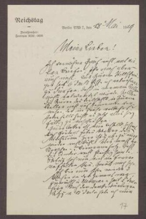 Schreiben von Constantin Fehrenbach, Weimar, an Elisabeth Rosset, Berichte aus Weimar