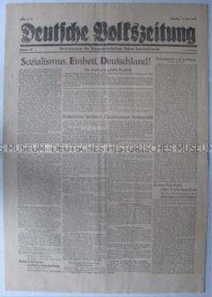 Tageszeitung der KPD "Deutsche Volkszeitung" zum Beschluss über die Vereinigung von KPD und SPD in Berlin (Sowjetischer Sektor)