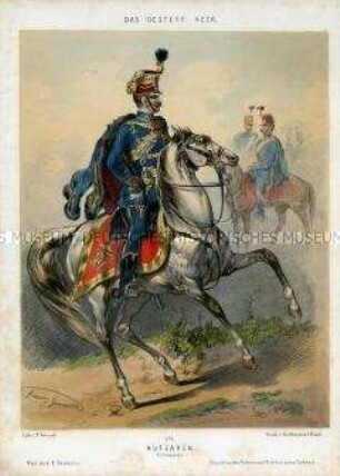 Uniformdarstellung, Rittmeister des Husaren-Regiments zu Pferd, Österreich, 1848/1854. Tafel 129 aus: Gerasch: Das Oesterreichische Heer.