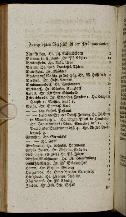 Fortgesetztes Verzeichniß der Pränumeranten.