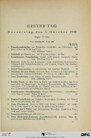 Erster Tag: Donnerstag, den 3. Oktober 1940, Beginn 15 Uhr (Nr. 1-220)