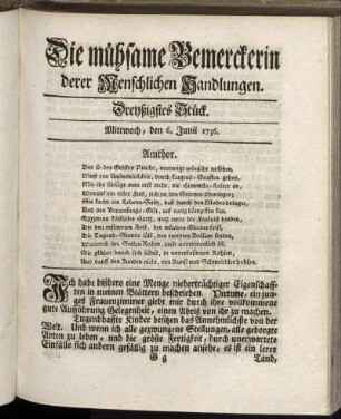 Dreyßigstes Stück. Mittwoch, den 6. Junii 1736.