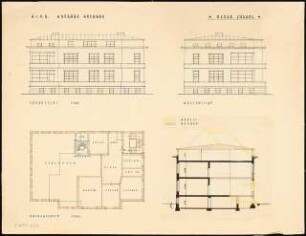Umbau eines Landhauses Monatskonkurrenz Februar 1933: Grundriss Dachgeschoss mit den Umbaumaßnahmen (Neubau), Aufriss Südansicht, Westansicht 1:100. Querschnitt als Lichtpause mit Einzeichnung der Umbaumaßnahmen (Abriss, Neubau)