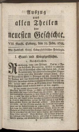 VIII. Nachl. Coburg, den 25. Febr. 1758.