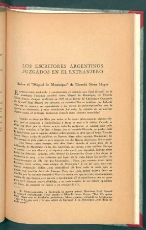 Los escritores argentinos juzgados en el extranjero : Sobre el "Miguel de Montaigne" de Ricardo Sáenz Hayes