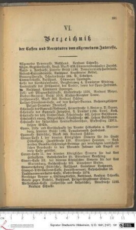 VI. Verzeichniß der Cassen und Recepturen von allgemeinem Interesse.