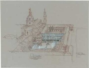 Gsaenger, Gustav; München, Theatinerstr.; Bayerisches Kultusministerium, Erweiterung - Erweiterungsbau, Zwischenbau (Vogelperspektive)