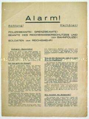 Illustrierte Propagandaschrift mit dem Aufruf an die österreichischen Polizeibeamten und Reichswehrsoldaten zum Widerstand gegen die profaschistische Heimwehr